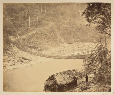 Trzcinowy most wiszący nad Teestą w kierunku Bhootan.  Widoki Darjeeling. 1870 autorstwa English Photographer