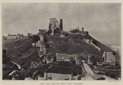 Zamek Corfe, z wieży kościelnej, Dorsetshire autorstwa English Photographer