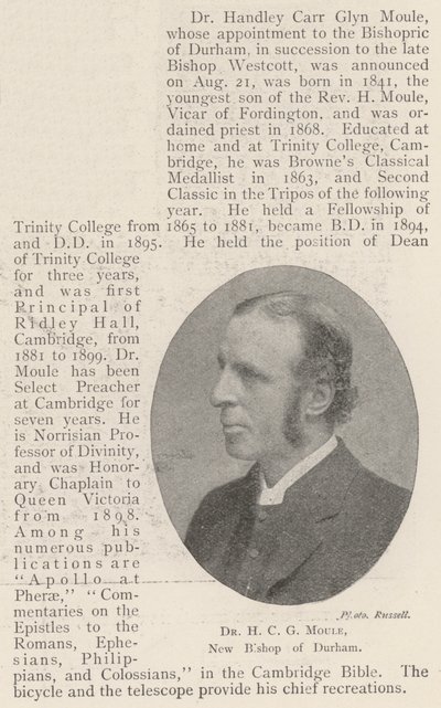 Dr H C G Moule, nowy biskup Durham autorstwa English Photographer