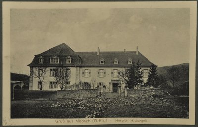 Pozdrowienia z Moosch (O.-Els) - Szpital H. Jungck, pocztówka z Wogezów, 1915 autorstwa English Photographer