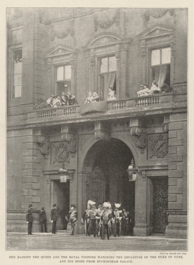 Jej Królewska Mość Królowa i Królewscy Goście oglądają wyjazd księcia Yorku i jego narzeczonej z Pałacu Buckingham autorstwa English Photographer