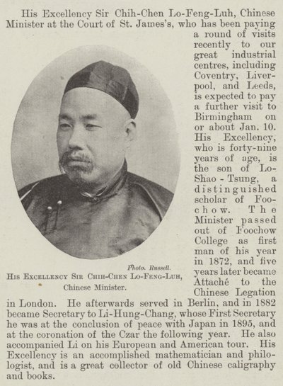 Jego Ekscelencja Sir Chih-Chen Lo-Feng-Luh, chiński minister autorstwa English Photographer