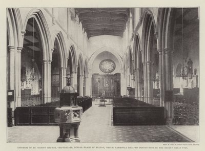Wnętrze kościoła St Giles, Cripplegate, miejsce pochówku Miltona, które ledwo uniknęło zniszczenia podczas niedawnego wielkiego pożaru autorstwa English Photographer