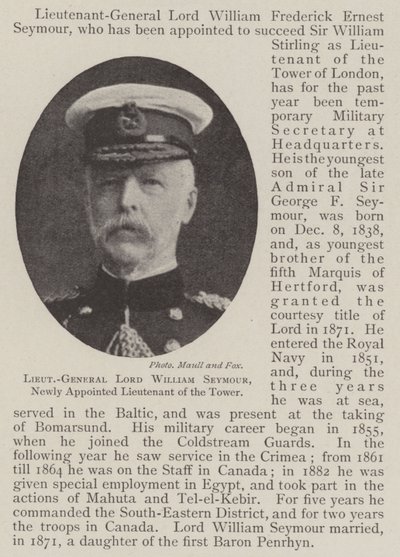 Generał-porucznik Lord William Seymour, nowo mianowany porucznik Tower autorstwa English Photographer