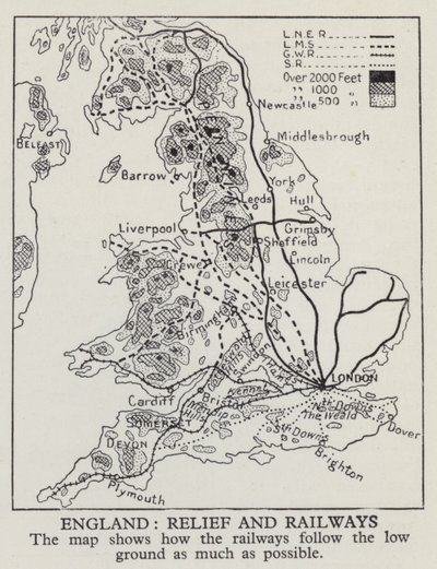 Mapa pokazująca, jak linie kolejowe w Anglii podążają za niskim terenem tak często, jak to możliwe (zdjęcie czarno-białe) autorstwa English Photographer