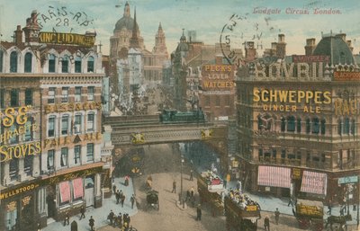 Pocztówka Ludgate Circus, Londyn, wysłana w 1913 r. (zdjęcie ręcznie kolorowane) autorstwa English Photographer