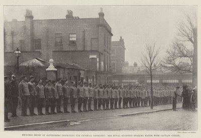 Księżniczka Henryk z Battenberg przeprowadza inspekcję Cesarskiej Yeomanry, Jej Królewska Wysokość ściska dłoń Kapitan Seeley autorstwa English Photographer