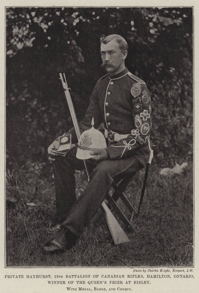 Szeregowy Hayhurst, 13. batalion kanadyjskich strzelców, Hamilton, Ontario, zdobywca nagrody Queens w Bisley, z medalem, odznaką i czekiem autorstwa English Photographer