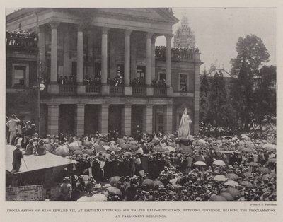 Proklamacja króla Edwarda VII w Pietermaritzburgu, sir Walter Hely-Hutchinson, ustępujący gubernator, czytając proklamację w budynkach parlamentu autorstwa English Photographer