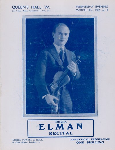 Program recitalu Mischa Elman, Queens Hall, 8 marca 1922 r. autorstwa English Photographer