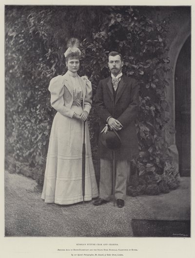 Przyszły car Rosji i carina, księżniczka Alix z Hesji-Darmstadt i wielki książę Mikołaj, carewicz Rosji autorstwa English Photographer