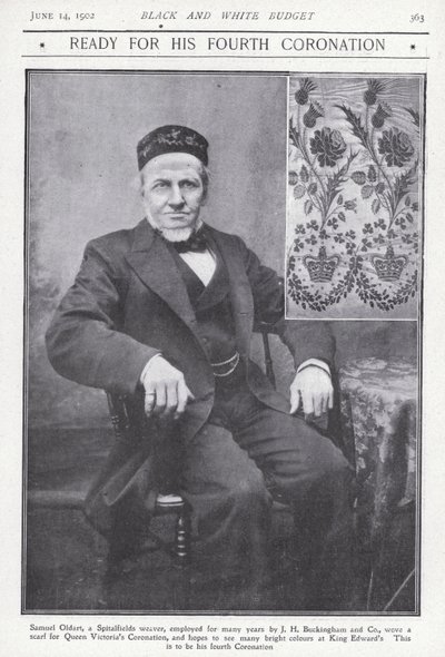 Samuel Oldart, tkacz ze Spitalfields w Londynie, który utkał szalik na koronację królowej Wiktorii (zdjęcie czarno-białe) autorstwa English Photographer