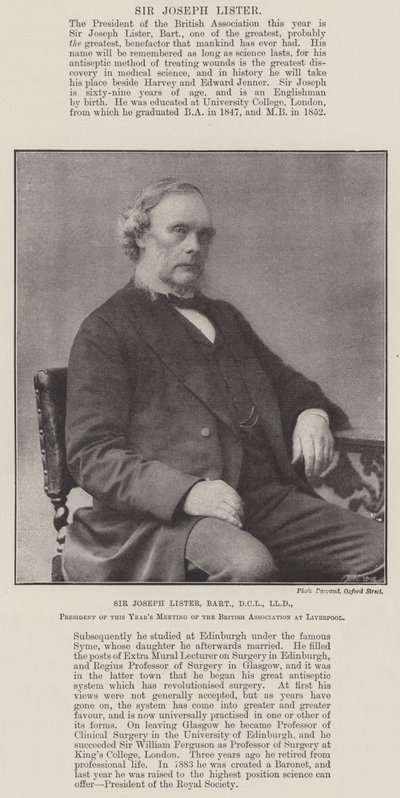 Sir Joseph Lister, Baronet, DCL, LLD, przewodniczący tegorocznego spotkania Brytyjskiego Stowarzyszenia w Liverpoolu autorstwa English Photographer