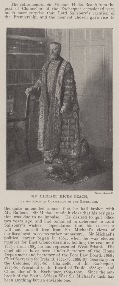 Sir Michael Hicks Beach, w swoich szatach jako kanclerz skarbu autorstwa English Photographer