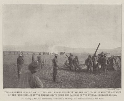 12-funtowe działa HMS Terrible strzelające na wsparcie lewej flanki podczas natarcia Brygady Irlandzkiej w dążeniu do wymuszenia przejścia Tugela, 15 grudnia 1899 autorstwa English Photographer