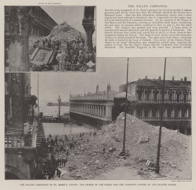 Upadła dzwonnica św. Marka, Wenecja, gruz na placu i uszkodzony róg Palazzo Reale autorstwa English Photographer