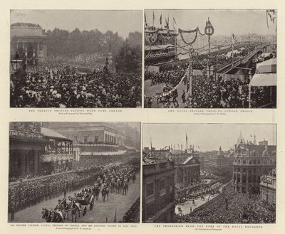 Zagraniczni książęta przechodzący przez Hyde Park Corner, sir Wilfrid Laurier, GCMG, premier Kanady i kolonialna eskorta w Pall Mall, brygada marynarki wojennej przekraczająca London Bridge, procesja z dachu autorstwa English Photographer
