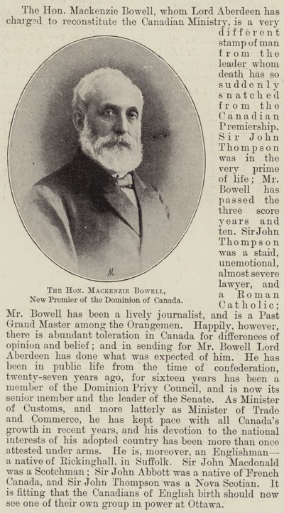 Czcigodny Mackenzie Bowell, nowy premier Dominium Kanady autorstwa English Photographer