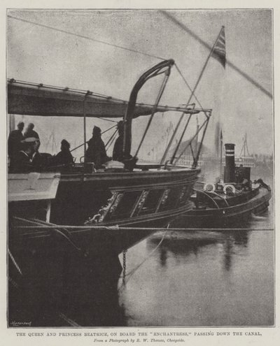 Królowa i księżniczka Beatrice na pokładzie „Czarodziejki” płyną Kanałem autorstwa English Photographer
