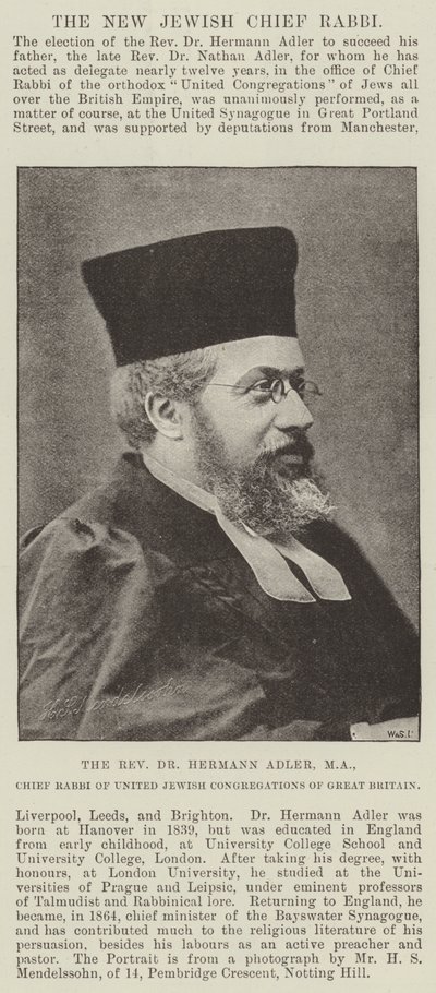 Wielebny dr Hermann Adler, MA, Naczelny Rabin Zjednoczonych Kongregacji Żydowskich Wielkiej Brytanii autorstwa English Photographer
