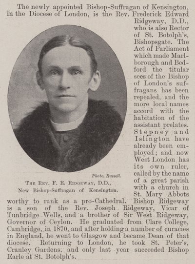 Wielebny F E Ridgeway, DD, nowy biskup-sufragan Kensington autorstwa English Photographer