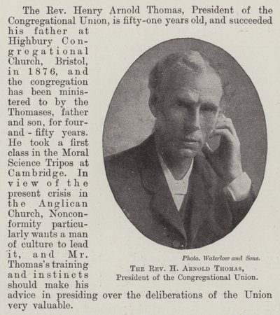 Wielebny H Arnold Thomas, przewodniczący Związku Kongregacyjnego autorstwa English Photographer