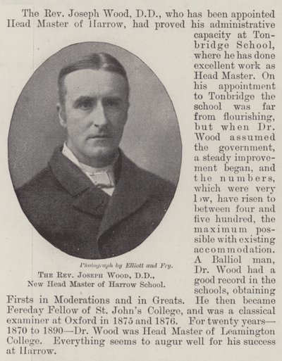 Wielebny Joseph Wood, DD, nowy dyrektor szkoły Harrow School autorstwa English Photographer