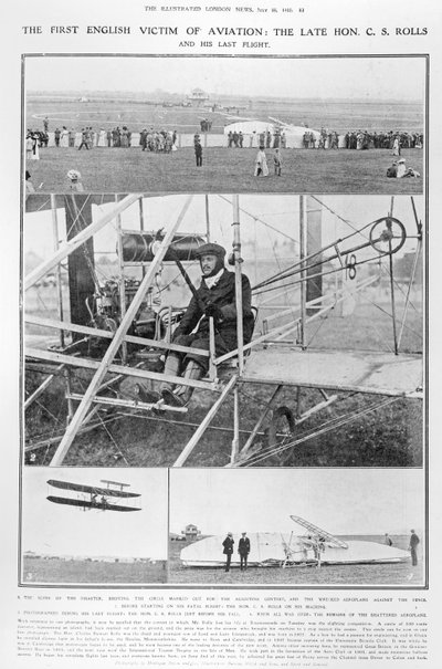 Pierwsza angielska ofiara lotnictwa: Późny Hon. C.S. Rolls i jego ostatni lot z The Illustrated London News, 16 lipca 1910 r. autorstwa English Photographer
