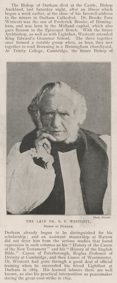 Nieżyjący już dr B F Westcott, biskup Durham autorstwa English Photographer