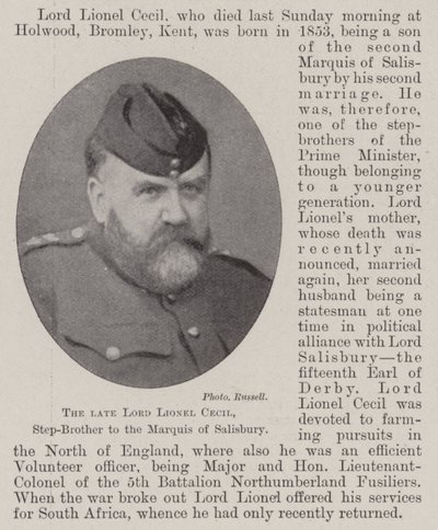 Nieżyjący już lord Lionel Cecil, przyrodni brat markiza Salisbury autorstwa English Photographer