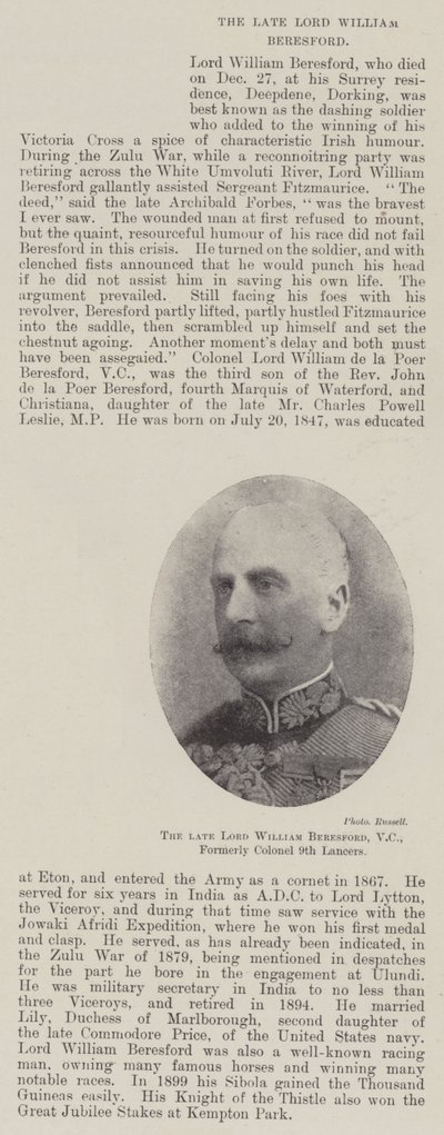 Nieżyjący już lord William Beresford, VC, dawniej pułkownik 9th Lancers autorstwa English Photographer