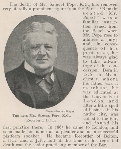 Nieżyjący już pan Samuel Pope, KC, rejestrator Bolton autorstwa English Photographer