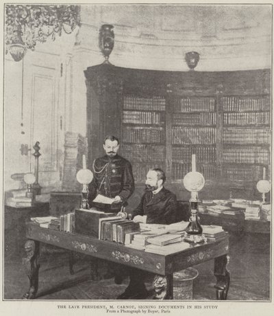 Nieżyjący już prezydent, pan Carnot, podpisuje dokumenty w swoim gabinecie autorstwa English Photographer