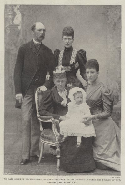 Zmarła królowa Danii, cztery pokolenia, król, księżna Walii, księżna Fife i lady Alexandra Duff autorstwa English Photographer