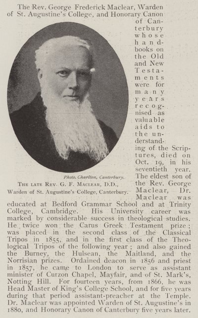 Nieżyjący już wielebny GF Maclear, DD, Warden of St Augustines College w Canterbury autorstwa English Photographer