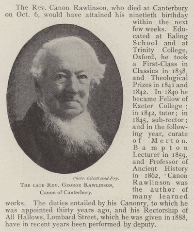 Nieżyjący już wielebny George Rawlinson, kanonik Canterbury autorstwa English Photographer