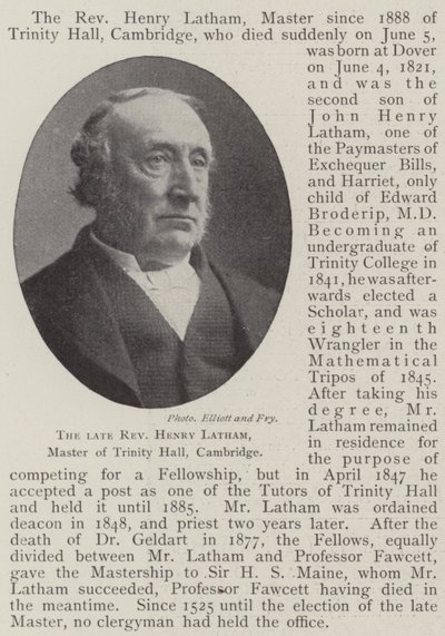 Nieżyjący już wielebny Henry Latham, mistrz Trinity Hall w Cambridge autorstwa English Photographer