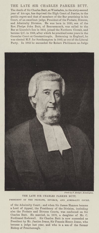 Nieżyjący już Sir Charles Parker Butt, prezes sądu spadkowego, rozwodowego i admiralicji autorstwa English Photographer