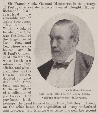 Nieżyjący już Sir Francis Cook, baronet, wicehrabia Montserrat w Portugalii autorstwa English Photographer