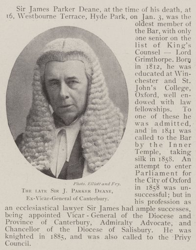 Nieżyjący już Sir J Parker Deane, były wikariusz generalny Canterbury autorstwa English Photographer