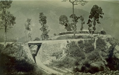 Pętla w Agony Point w Tindharia na kolejce Himalajów Darjeeling, lata 80. XIX wieku (druk albumowy) autorstwa English Photographer