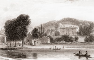 Widok z XIX wieku na Beaumont Lodge, Old Windsor, Berkshire, Anglia. Sprzedany w 1854 Towarzystwu Jezusowemu i przemianowany na Beaumont College, jezuicką szkołę publiczną. Z galerii portretów i pejzaży Churtona, opublikowanej w 1836 r. autorstwa English School