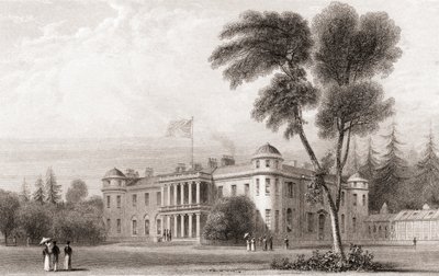 Widok z XIX wieku na Goodwood House, West Sussex, południowa Anglia. Z galerii portretów i krajobrazów Churtona, opublikowanej w 1836 r. autorstwa English School