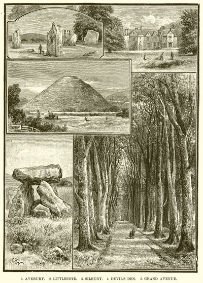 1. Avebury. 2. Littlecote. 3. Silbury. 4.Diabły Legowisko. 5. Wielka Aleja autorstwa English School