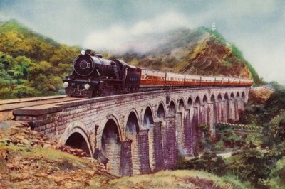 4-6-2 parowóz linii Bombay, Baroda i Central India Railway ciągnący Frontier Mail przejeżdżający nad wiaduktem między Bombajem a Delhi (kolor lito) autorstwa English School