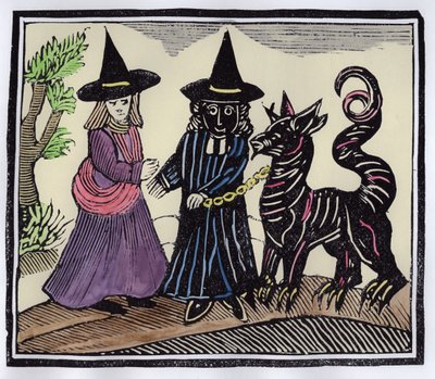 Czarno-biała wiedźma ze zwierzęciem diabła, ilustracja ze zbioru książeczek o ezoteryce (późniejsze zabarwienie) autorstwa English School
