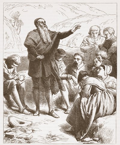 A Conventicle: Worship on the Hill-side, ilustracja z Historii protestantyzmu Jamesa Aitkena Wylie (1808-1890), wyd. 1878 autorstwa English School