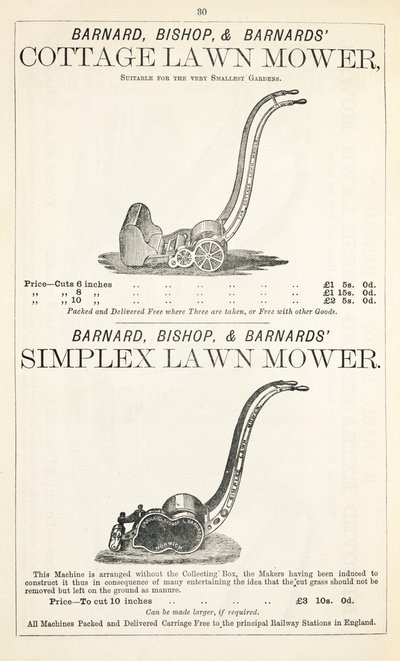 Kosiarka domowa i Simplex, ilustracja z katalogu ogrodniczego, wydanego przez Barnard Bishop & Barnard, 1878 autorstwa English School