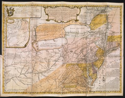 Ogólna mapa kolonii środkowo-brytyjskich w Ameryce; mianowicie. Virginia, Mariland, Delaware, Pensilvania, New-Jersey, Nowy Jork, Connecticut i Rhode Island: z Aquanishuonîgy, Kraj Konfederacji Indian. . . Jezior Erie, Ontario i Ch autorstwa English School