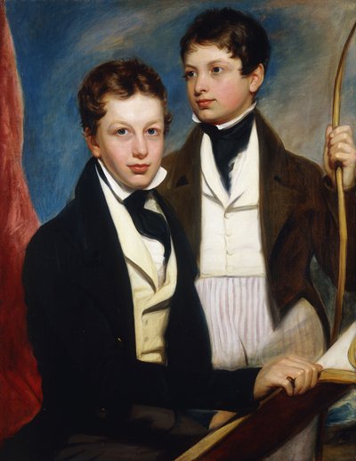 Portret grupowy Musgrave Morris Boys, jeden siedzący do połowy długości w ciemnej marynarce, trzymający książkę, drugi stojący do trzech czwartych długości w ciemnej marynarce, trzymający łuk, ok. 1830 r. autorstwa English School